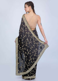 Black And Grey Saree In Shaded Heavy Embroidered Satin Chiffon Online - Kalki Fashion