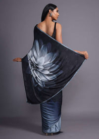 Black And Grey Shaded Saree In Satin Blend With Printed Floral Motifs And Kundan Accents Online - Kalki Fashion