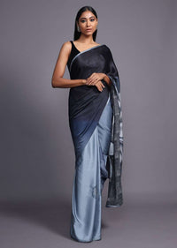 Black And Grey Shaded Saree In Satin Blend With Printed Floral Motifs And Kundan Accents Online - Kalki Fashion