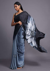 Black And Grey Shaded Saree In Satin Blend With Printed Floral Motifs And Kundan Accents Online - Kalki Fashion