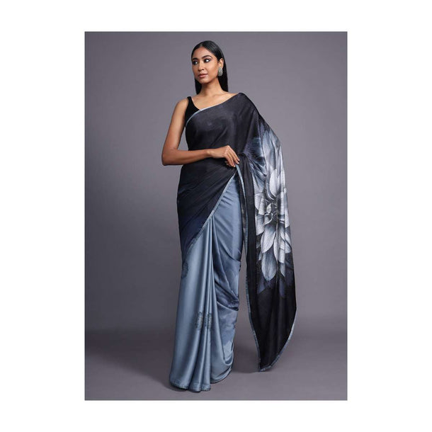 Black And Grey Shaded Saree In Satin Blend With Printed Floral Motifs And Kundan Accents Online - Kalki Fashion