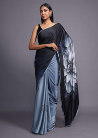 Black And Grey Shaded Saree In Satin Blend With Printed Floral Motifs And Kundan Accents Online - Kalki Fashion