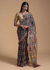 Black And Maroon Saree In Cotton With Batik Printed Floral Jaal Design Online - Kalki Fashion