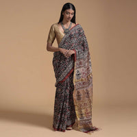 Black And Maroon Saree In Cotton With Batik Printed Floral Jaal Design Online - Kalki Fashion