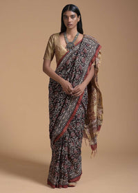 Black And Maroon Saree In Cotton With Batik Printed Floral Jaal Design Online - Kalki Fashion