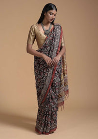 Black And Maroon Saree In Cotton With Batik Printed Floral Jaal Design Online - Kalki Fashion