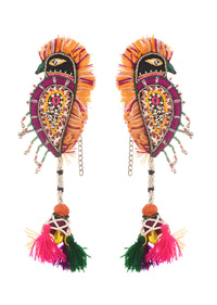 Black And Multicolor Hand Embroidered Thread And Beaded Boho Earchain Earrings