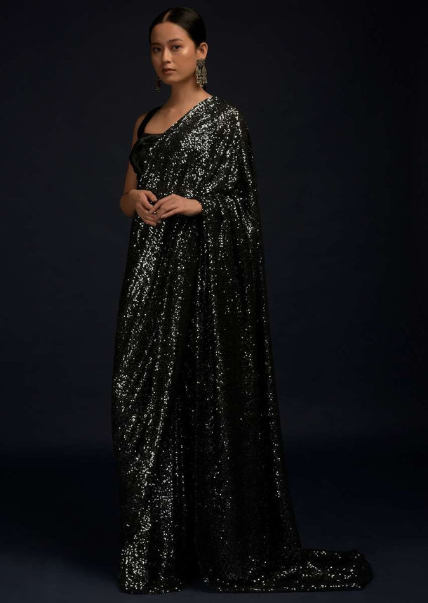 Black And Silver Ready Pleated Saree Embellished In Sequins And Black Velvet Blouse With Scooped Neckline