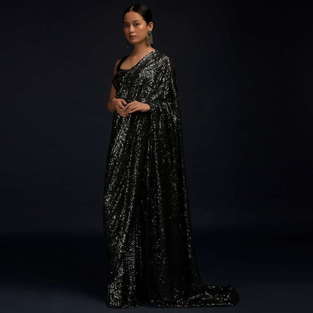 Black And Silver Ready Pleated Saree Embellished In Sequins And Black Velvet Blouse With Scooped Neckline