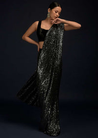 Black And Silver Ready Pleated Saree Embellished In Sequins And Black Velvet Blouse With Scooped Neckline