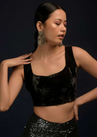 Black And Silver Ready Pleated Saree Embellished In Sequins And Black Velvet Blouse With Scooped Neckline