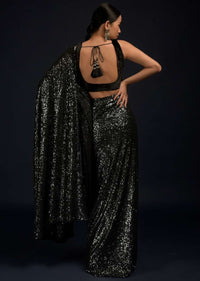 Black And Silver Ready Pleated Saree Embellished In Sequins And Black Velvet Blouse With Scooped Neckline