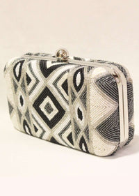 Black And White Box Clutch With Hand Embroidered Cut Dana Work In Geometric Motifs Online - Kalki Fashion