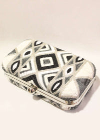 Black And White Box Clutch With Hand Embroidered Cut Dana Work In Geometric Motifs Online - Kalki Fashion