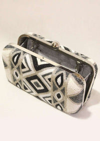 Black And White Box Clutch With Hand Embroidered Cut Dana Work In Geometric Motifs Online - Kalki Fashion