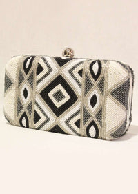 Black And White Box Clutch With Hand Embroidered Cut Dana Work In Geometric Motifs Online - Kalki Fashion