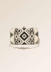 Black And White Box Clutch With Hand Embroidered Cut Dana Work In Geometric Motifs Online - Kalki Fashion
