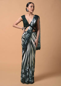 Black And White Shaded Saree In Satin With Striped And Floral Print Online - Kalki Fashion