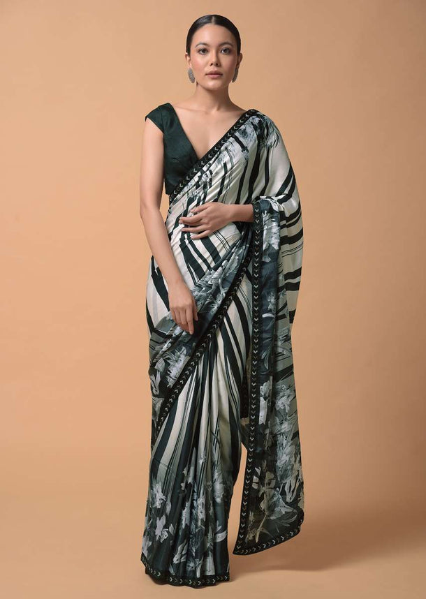 Black And White Shaded Saree In Satin With Striped And Floral Print Online - Kalki Fashion