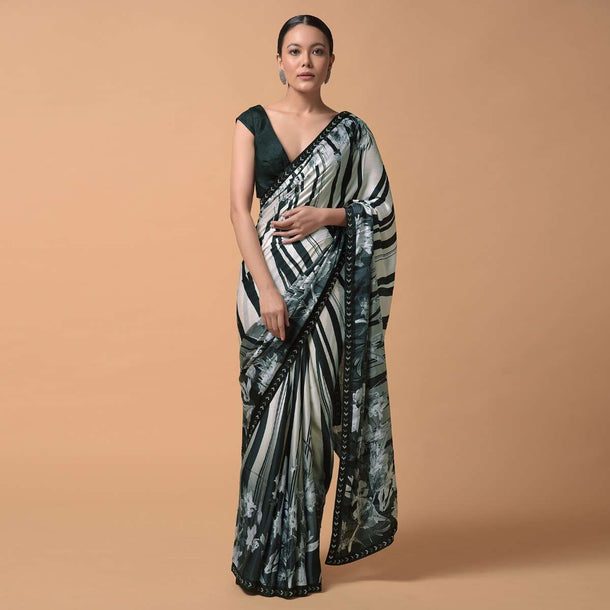 Black And White Shaded Saree In Satin With Striped And Floral Print Online - Kalki Fashion