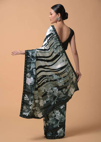 Black And White Shaded Saree In Satin With Striped And Floral Print Online - Kalki Fashion