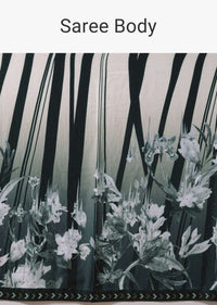 Black And White Shaded Saree In Satin With Striped And Floral Print Online - Kalki Fashion