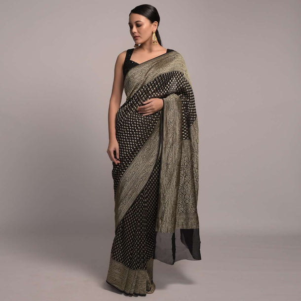 Black Banarasi Saree In Georgette With Woven Leaf Buttis And Paisley Pallu Online - Kalki Fashion