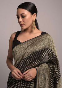 Black Banarasi Saree In Georgette With Woven Leaf Buttis And Paisley Pallu Online - Kalki Fashion