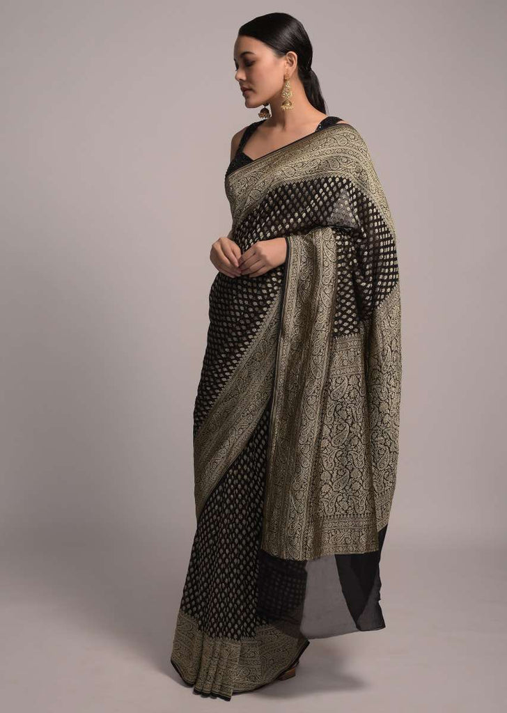 Black Banarasi Saree In Georgette With Woven Leaf Buttis And Paisley Pallu Online - Kalki Fashion