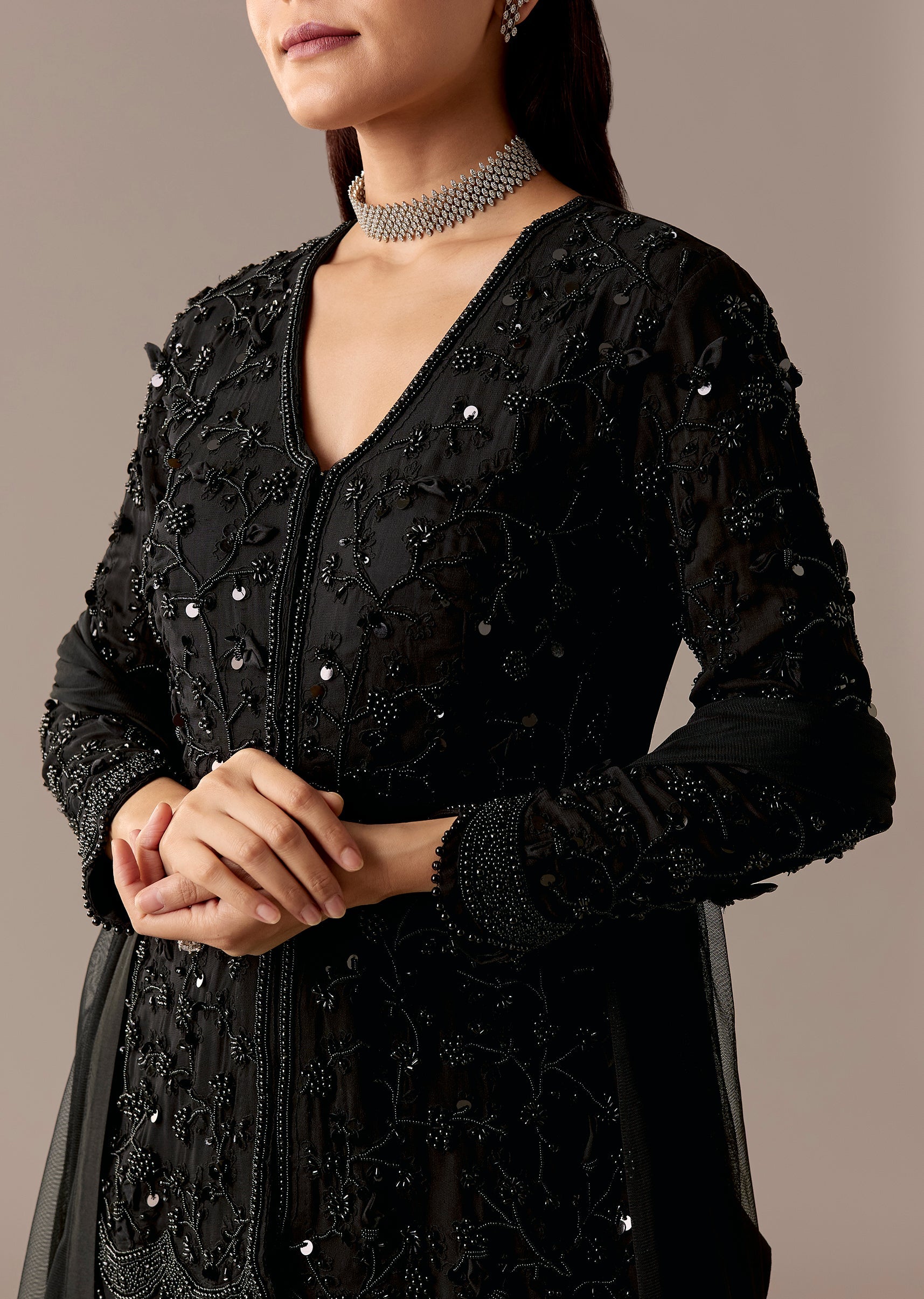 Buy Black Beaded Peplum Sharara Set | KALKI Fashion UK | KALKI