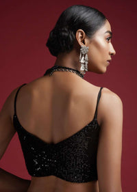 Black Blouse Embellished In Sequins With Strap Sleeves And V Neckline