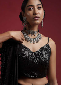 Black Blouse Embellished In Sequins With Strap Sleeves And V Neckline