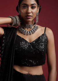 Black Blouse Embellished In Sequins With Strap Sleeves And V Neckline