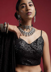 Black Blouse Embellished In Sequins With Strap Sleeves And V Neckline