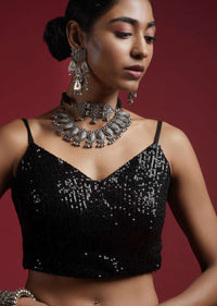 Black Blouse Embellished In Sequins With Strap Sleeves And V Neckline