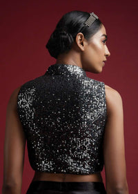 Black Blouse With Silver Sequins, Mandarin Collar Neckline And Front Zip Closure Online - Kalki Fashion