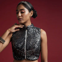 Black Blouse With Silver Sequins, Mandarin Collar Neckline And Front Zip Closure Online - Kalki Fashion