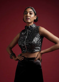 Black Blouse With Silver Sequins, Mandarin Collar Neckline And Front Zip Closure Online - Kalki Fashion