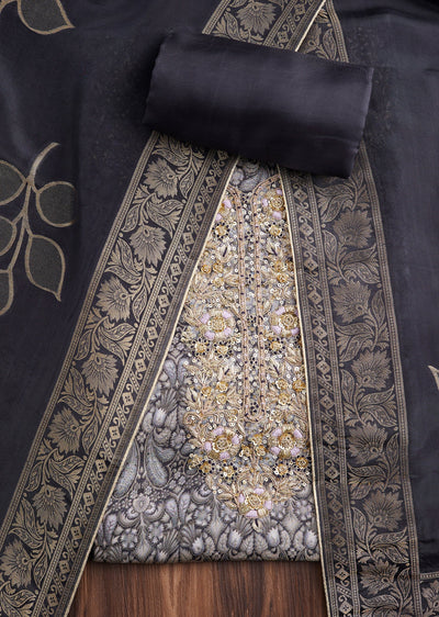 Black Brocade Banarasi Embroidered Silk Unstitched Suit
