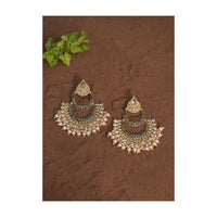 Black Chandbali Earrings With Carved Pattern, Crystals And Dangling Pearls Online - Kalki Fashion