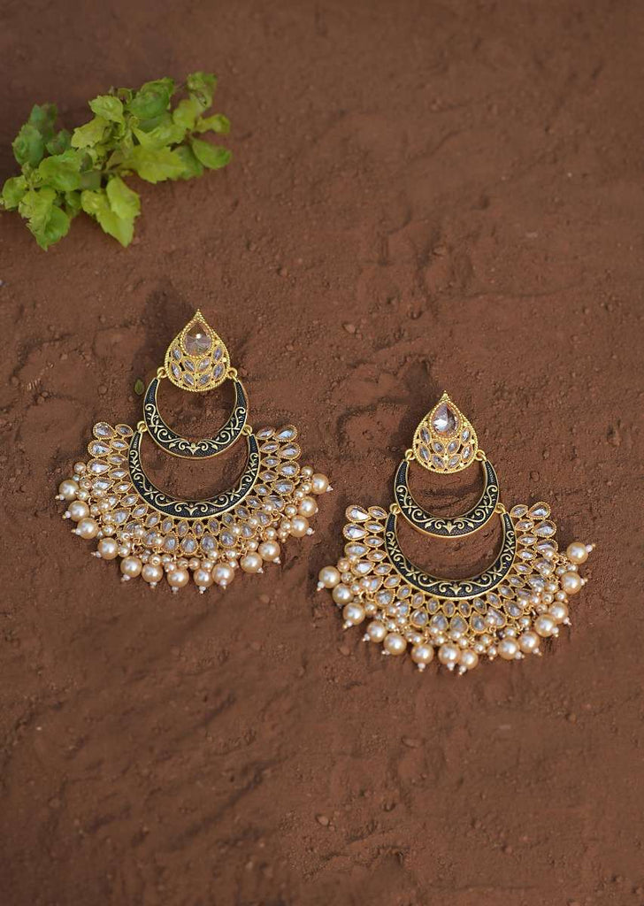 Black Chandbali Earrings With Carved Pattern, Crystals And Dangling Pearls Online - Kalki Fashion