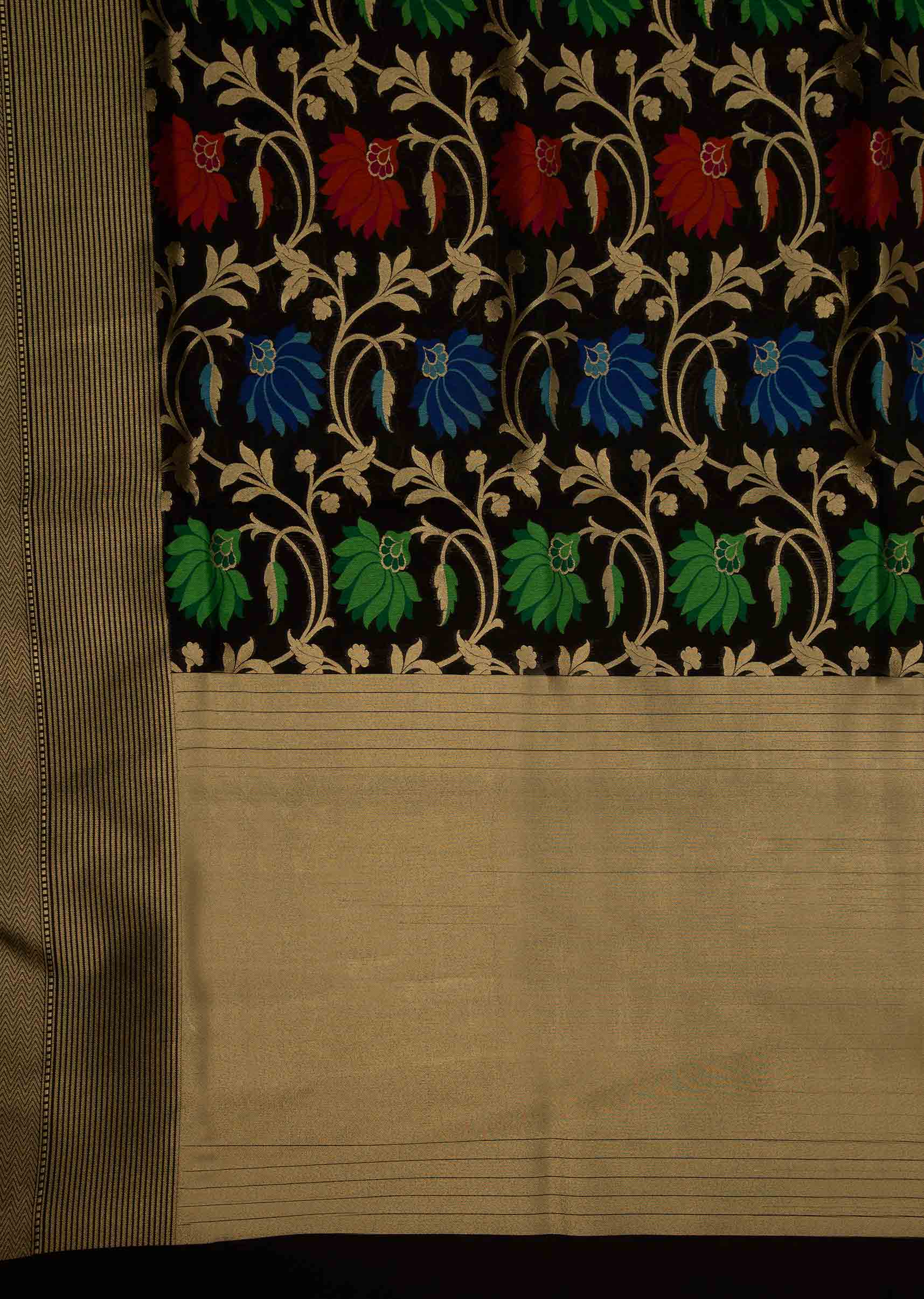 Black chanderi silk saree in colourful weaved flowers