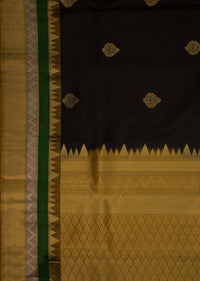 Black chanderi silk saree in weaved butti and temple borde