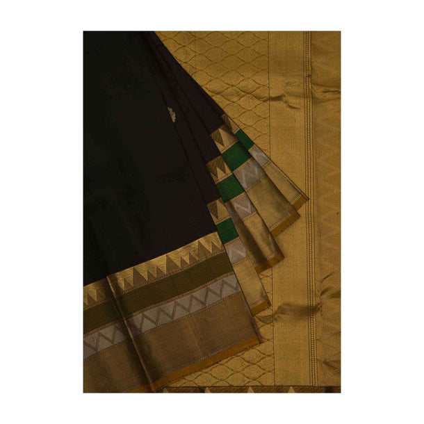 Black chanderi silk saree in weaved butti and temple borde