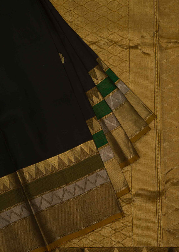 Black chanderi silk saree in weaved butti and temple borde