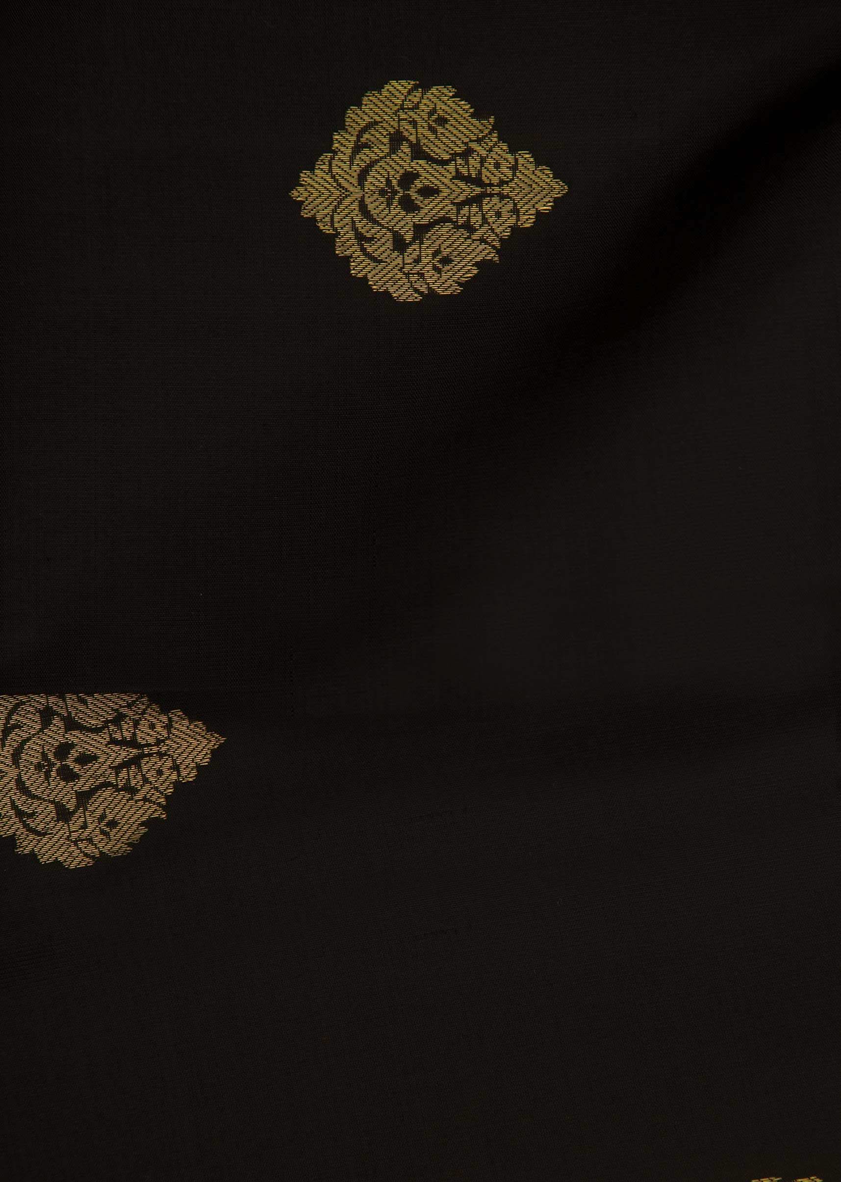 Black chanderi silk saree in weaved butti and temple borde