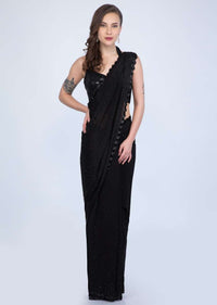 Black chiffon saree with zig zag cut dana embroidered border only on Kalki