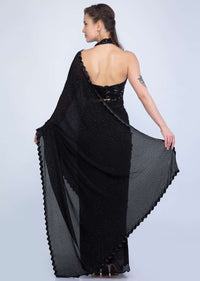 Black chiffon saree with zig zag cut dana embroidered border only on Kalki