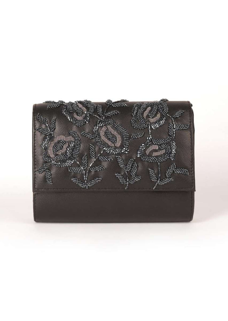 Black Clutch In Faux Leather With Floral Embroidery Online - Kalki Fashion