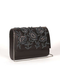 Black Clutch In Faux Leather With Floral Embroidery Online - Kalki Fashion